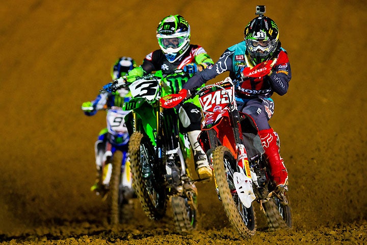 Tim Gasjer (243) was hoping to compete against Eli Tomac (3) and the rest of the AMA Supercross stars at the 2016 Monster Energy Cup, bu lingering injuries have forced the MXGP World Champion to withdraw from the event. PHOTO BY JEFF KARDAS.