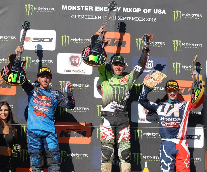 Winner Tomac (center) is flanked by Cairoli (left) and Gasjer (right). PHOTO BY NIC GARVIN.