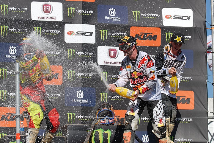 Herlings (center) beat Martin (left)  on the track and also to the punch with the champagne bottle on the podium. Harrison (right) pretty much stayed out of that battle. PHOTO BY NIC GARVIN.