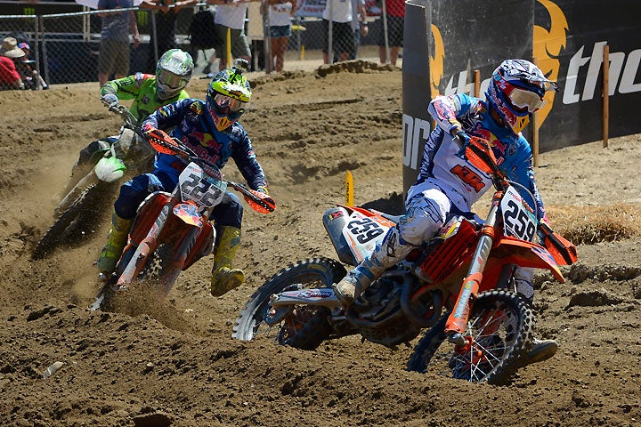 Glenn Coldenhoff (259) led teammate Antonio Cairoli (222) and Tomac (3) early in MXGP Moto 1. PHOTO BY SCOTT ROUSSEAU