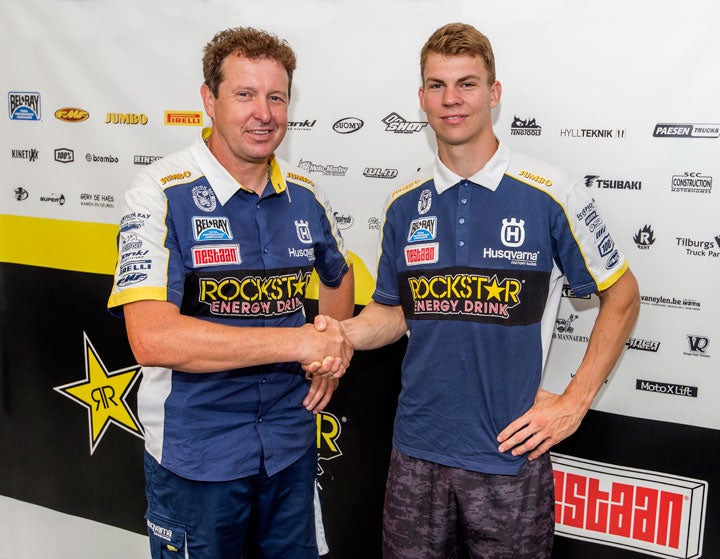 FIM EMX250 Champion Thomas Kjer-Olsen (right) has inked a deal to ride Rockstar Energy Husqvarna FC 250s in the FIM MX2 World Championship in 2017 and 2018. Kjer-Olsen is shown here with Rockstar Energy Husqvarna MX2 Team Manager Jacky Martens. PHOTOS COURTESY OF HUSQVARNA MOTORCYCLES GmbH.