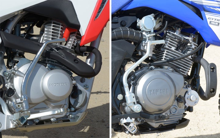 Both the CRF125F and TT-R125LE utilize carbureted, air-cooled, SOHC, four-stroke engines, but their bore and stroke differ. The Honda is more responsive but the Yamaha feels stronger overall.