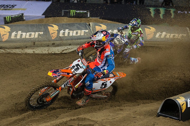 Ryan Dungey (5) battled with Romain Febvre (461) at the Monster Energy SMX Riders & Manufacturers Cup in Gelsenkirchen, Germany. Dungey won the Riders Cup and KTM won the Manufacturers Cup. PHOTO BY RAY ARCHER.