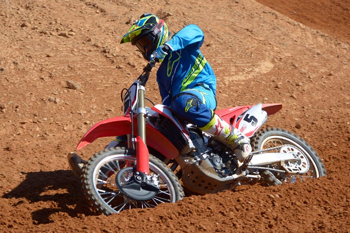 We love the way the 2017 CRF450R chassis carves corners. Steering is light and accurate. The front end will follow a rut or hook up and track well through flat corners with equal precision.