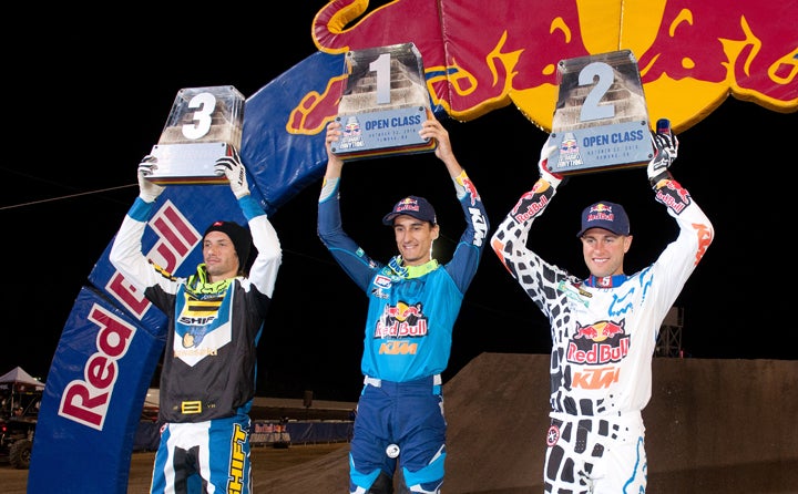 2016 Red Bull Straight Rhythm Champion Marvin Musquin (center) is flanked by runner-up Ryan Dungey (right) and third-place finisher Josh Hansen (left).  PHOTO BY STEVE COX.