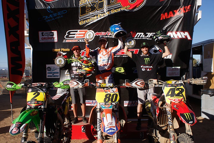 (Left to right) Justin Seeds, Eric Yorba and Justin Jones celebrate on the Pro podium. PHOTO BY JEAN TURNER.