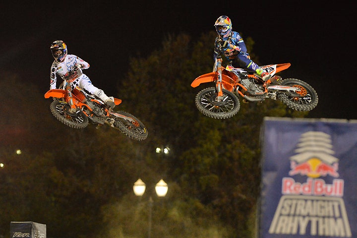 Marvin Musquin (right) took down teammate and AMA Supercross Champion Ryan Dungey (left) to win the 2016 Red Bull Straight Rhythm at the Pomona Fairplex near Los Angeles, California, on October 22. PHOTO BY STEVE COX.