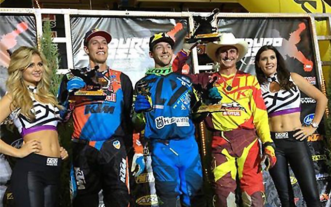 Colton Haaker (center) passed Cody Webb (left) late in the main event to win his fourth AMA EnduroCross Championship win in five rounds at National Western Events Center in Denver, Colorado. PHOTO AMA ENDURCROSS/FACEBOOK.COM