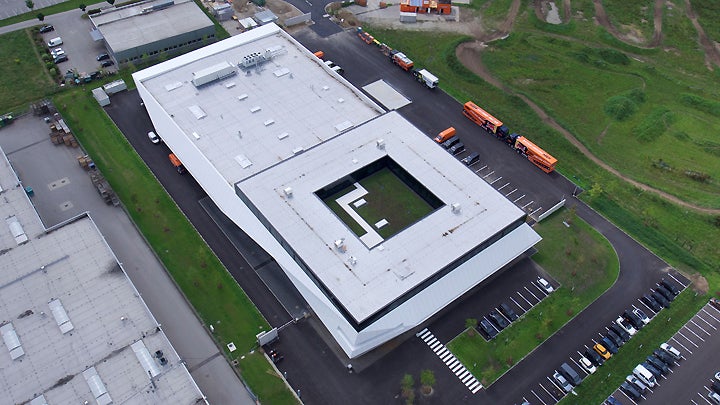 Massive even from the air, the new KTM building covers 18,000 square meters, or approximately 193,750 square feet.