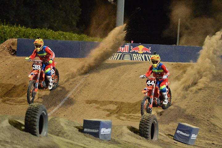 The Troy Lee Designs/Red Bull KTM team dominated the Lites class. Shane McElrath (38) defeated new teammate Jordon Smith (44) prior to going on to a win in the Lites FInal against his other teammate, Mitchell Oldenberg. PHOTO BY STEVE COX. 