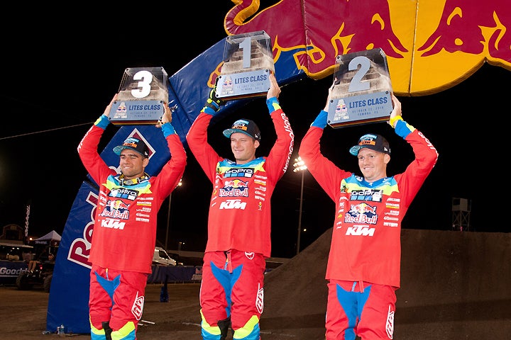 The Lites Podium: Winner McElrath (center), runner-up Oldenberg (right) and third-place finisher Jordon Smith (left).  PHOTO BY STEVE COX.
