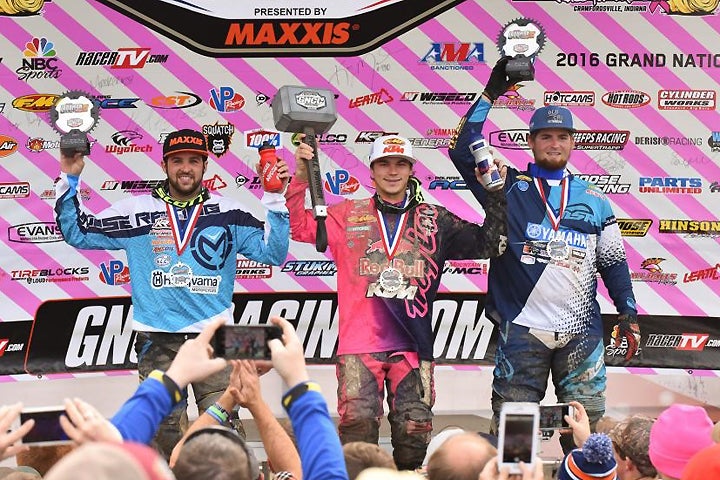 (Left to right) Layne Michael, Kailub Russell and Grant Baylor completed the final AMSOIL GNCC podium of 2016. PHOTO BY KEN HILL.