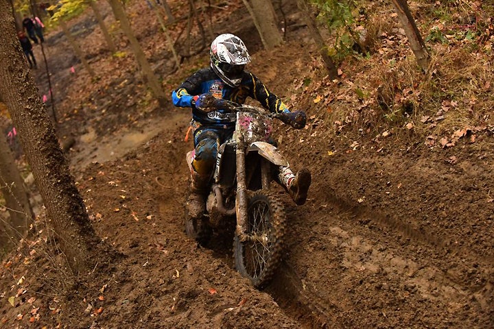 Thad DuVall pressured Russell for the Ironman GNCC before crashing on a hill climb. DuVall finished second. PHOTO BY KEN HILL.