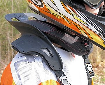 Neck braces, such as this EVS model, continue to increase in popularity and are worthy of consideration to add protection against possible vertebrae damage.