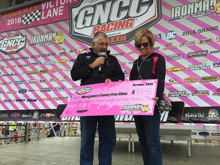 Over $7700 in donations was raised that the 2016 AMSOIL GNCC season finale Ironman GNCC in Crawfordsville, Indiana, at the end of October. The proceeds were donated to the Montgomery County Free Clinic (MCFC), a non-profit organization dedicated to supporting cancer patients. PHOTO BY KEN HILL.
