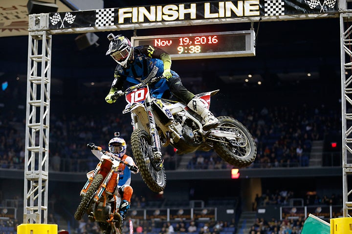 Haaker (right) battled with 2015 AMA EnduroCross Champion Cody Webb (left) in the Ontario main event just as he did all season. Webb won the main, but Haaker clinched the title. PHOTO COURTESY OF HUSQVARNA MOTORCYCLES GmbH.