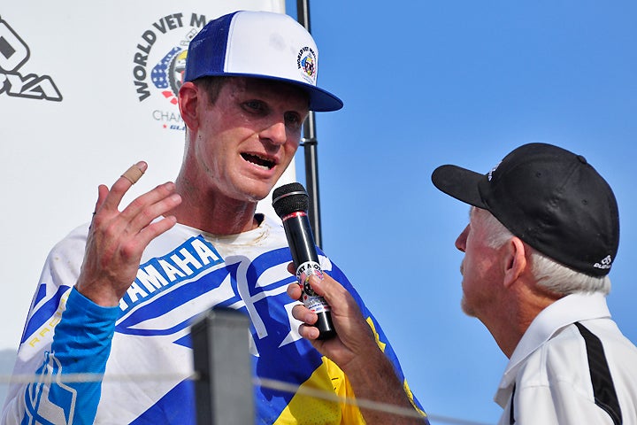 Yamaha R&D employee and former AMA Supercross and Motocross star Travis Preston was interviewed by AMA Hall of Famer Tom White after finishing third overall in the 30+ class. PHOTO BY LAURETTE NICOLL.