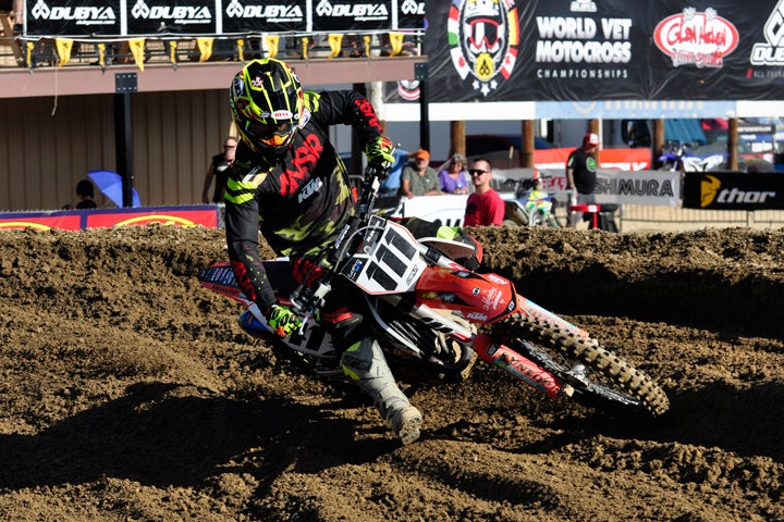 Mike Sleeter came through to win the 30+ class at the Dubya World Vet Motocross Championship at Glen Helen Raceway. PHOTO BY LAURETTE NICOLL.