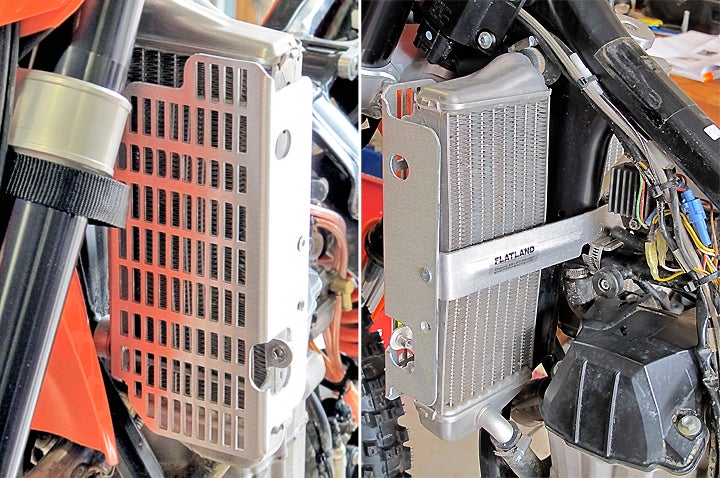 Radiator guards are a must if you ride in densely wooded areas, The author also chose Flatland Racing's radiator braces (right) to further protect the radiator from bending during an impact. PHOTO BY MARK BARNES.