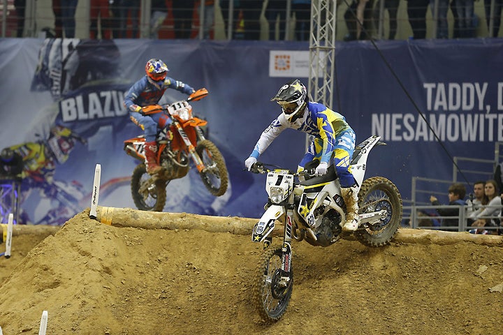 Reigning FIM SuperEnduro World Champion Colton Haaker (1) battled with Blazusiak in two of the three Prestige finals at Krakow, netting second overall and getting his series title defense off to a strong start. PHOTO BY M. KIN/HUSQVARNA IMAGES.