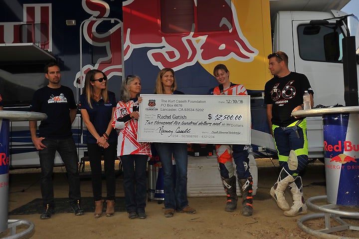 EnduroCross/GNCC/ISDE racer Rachel Gutish accepts the $2500 scholarship that the Foundation awards to either current or former racers in college. She is in her junior year at Depauw University in Indiana. PHOTO BY MARK KARIYA.