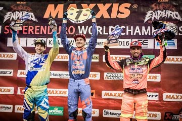 Winner Blazusiak is flanked by runner-up Haaker (left) and third-place finisher Gomez (right) on the Krakow podium. PHOTO BY M. KIN/KTM IMAGES.