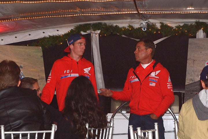 Seely (left) talks with Team Honda HRC Manager Dan Betley (right). Seely could be one of those guys you weren't thinking of who could challenge for the AMA Supercross title.