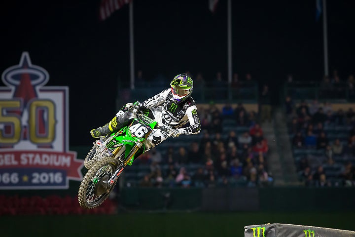 Monster Energy/Pro Circuit/Kawasaki's Justin Hill scored his first 250SX West main event win of the season at the Anaheim II Supercross. PHOTO BY RAS PHOTO.