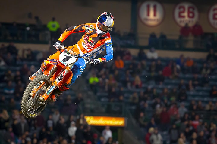 Reigning Monster Energy AMA Supercross Champio Ryan Dungey scored his first win of the season at the Anaheim II Supercross. After having to transfer through a semi, Dungey dominated the main event, leading every lap. PHOTO BY RAS PHOTO.