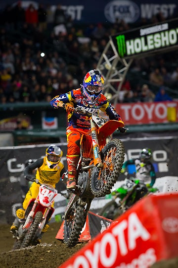 Marvin Musquin  got caught up in a heat race crash and had to transfer to the main event through a semi, but the Frenchman was fast in the main event, and he finished second. PHOTO BY RAS PHOTO.