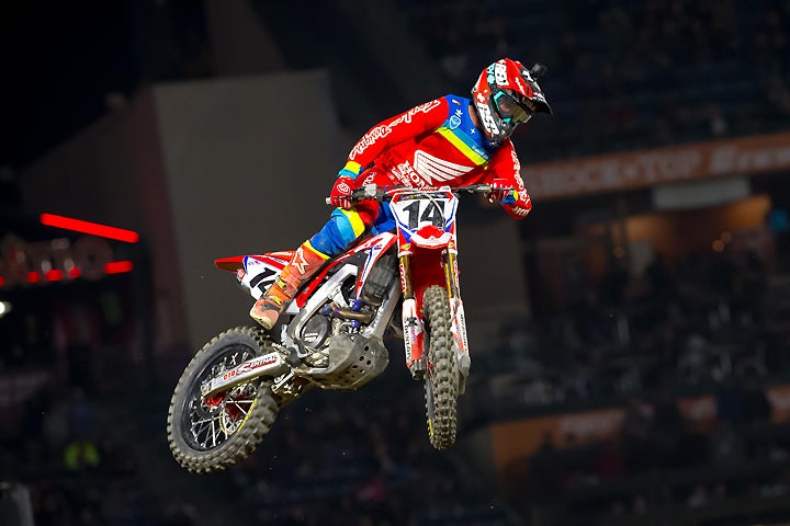 Cole Seely enjoyed his best 450cc main event finish yet in 2017, finishing third at the Anaheim II Supercross. PHOTO BY RAS PHOTO.