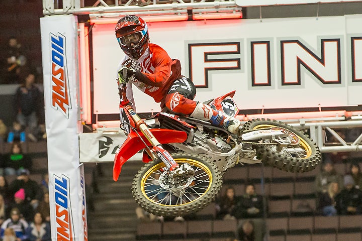Jace Owen fired the first shot in the 2017 AMSOIL Arenacross Series, winning round one at U.S. Bank Arena in Cincinnati, Ohio. PHOTO COURTESY OF ARENACROSS.COM.