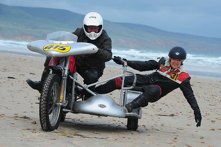 Murray Williams and Carol Tune practice for the return of motorcycle racing to Sellicks Beach. PHOTO BY PETER HENNEKAM.
