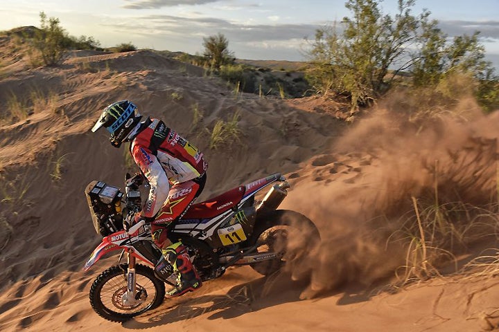 Joan Barreda raced to his fourth stage win during Stage 11 of the 2017 Dakar Rally. The Spanish rider is in fifth place overall. If not for the 1-hour time penalty incurred by the entire Monster Energy Honda team after Stage 4, Barreda would have a healthy overall lead. PHOTO COURTESY OF TEAM HRC.