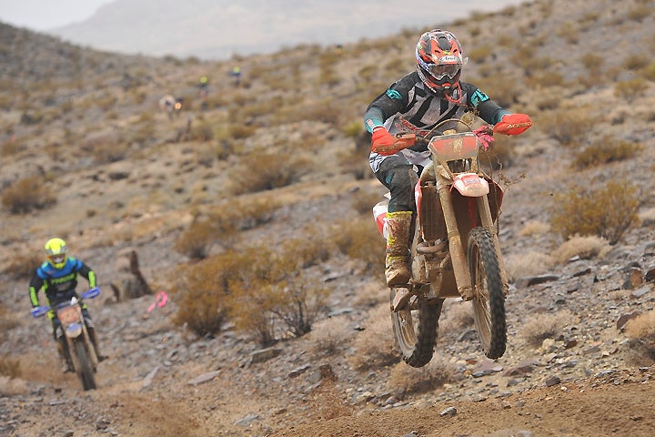 A few miles after the bomb, eventual winner Ricky Brabec leads eventual third-placer Gary Sutherlin at the Desert Motorcycle Club 50th Annual Winter Classic National Hare & Hound. Dust wasn’t a factor after rain in the days leading up to as well as during the race. PHOTO BY MARK KARIYA.