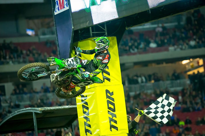 Eli Tomac rocked University of Phoenix Stadium in Glendale , Arizona, winning his first 450cc supercross main event of 2017 and the fifth of his career. Tomac won the race by over 18 seconds. PHOTO BY RAS PHOTO.
