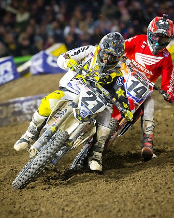 No Repeat: 2016 Anaheim Supercross winner Jason Anderson (21) battled with Cole Seely (14) during the Anaheim main event. Anderson finished fourth. Seely was sixth.