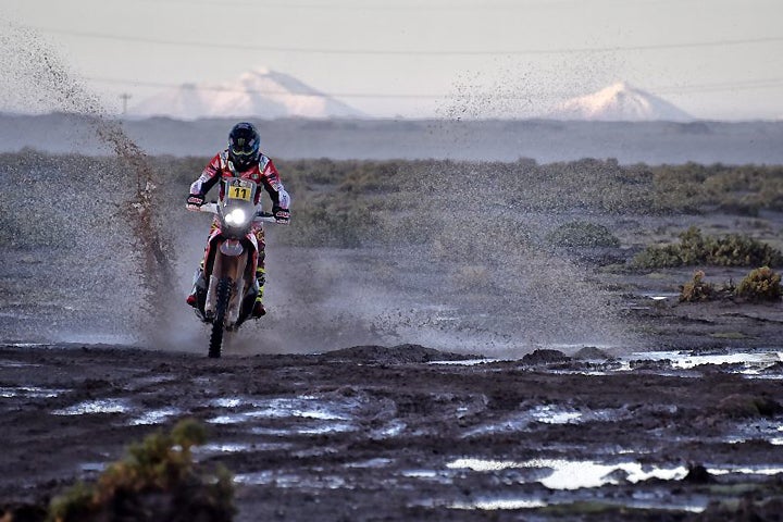 Joan Barreda became the first rider to win more than one stage of the 2017 Dakar Rally by winning a sloppy Stage 8 in Bolivia, Tuesday. PHOTO COURTESY OF TEAM HRC.