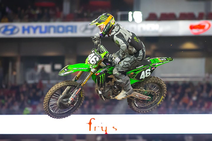 Josh Hill pulled off a late-race pass to earn his second AMA 250SX West Supercross win in as many rounds at University of Phoenix Stadium in Glendale, Arizona. PHOTO BY RAS PHOTO.