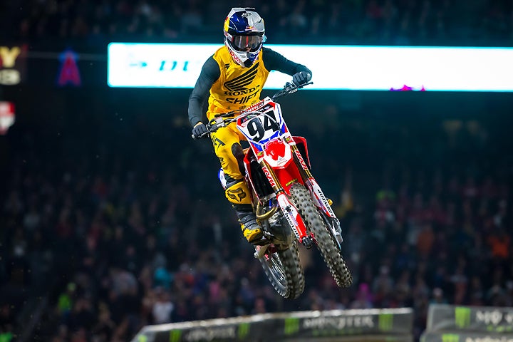 Ken Roczen made his Team Honda HRC debut in the 2017 Monster Energy AMA Supercross Series a resounding success by winning the 450cc main event at the series-opening Anaheim Supercross. PHOTO BY RAS PHOTO.