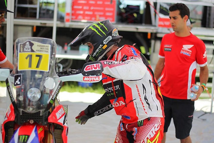 Despite being caught up in Monster Energy Honda's 1-hour penalty for refueling outside of an authorized refueling zone, Paulo Goncalves put together a strong ride to finish second in Stage 5. PHOTO COURTESY OF TEAM HRC.