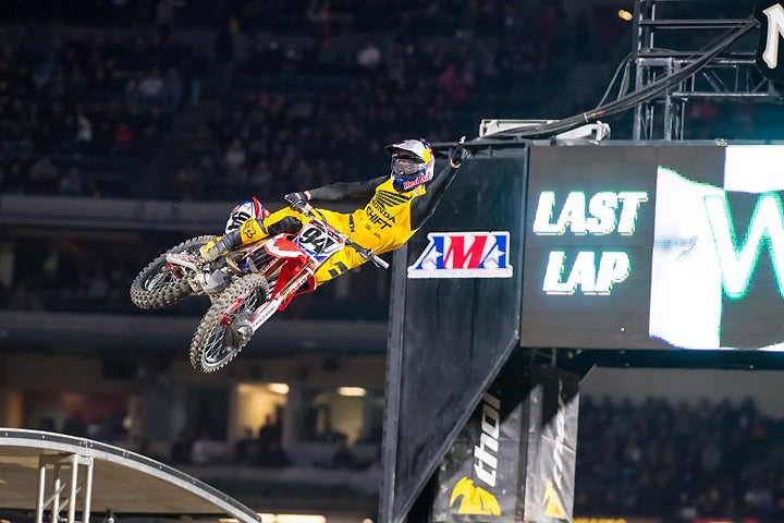 Ken Roczen celebrates his win at the opening round of the 2017 Monster Energy AMA Supercross Series. Roczen dominated the main event.