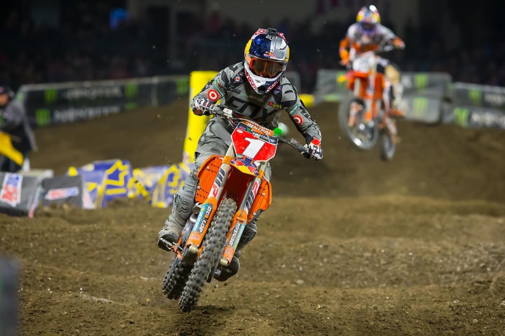 Reigning Monster Energy AMA Supercross Champion Ryan Dungey showed that he still has the speed he had before his 2016 season-ending neck injury. Dungey finished second in the Anaheim main event. PHOTO BY RAS PHOTO.