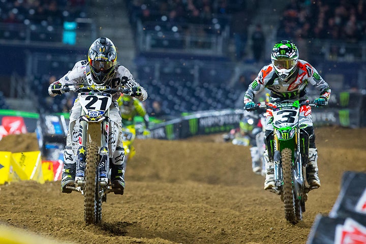 Jason Anderson (21) passed Eli Tomac (3) for fourth place in the main event. Tomac slipped back to sixth. PHOTO BY RAS PHOTO.