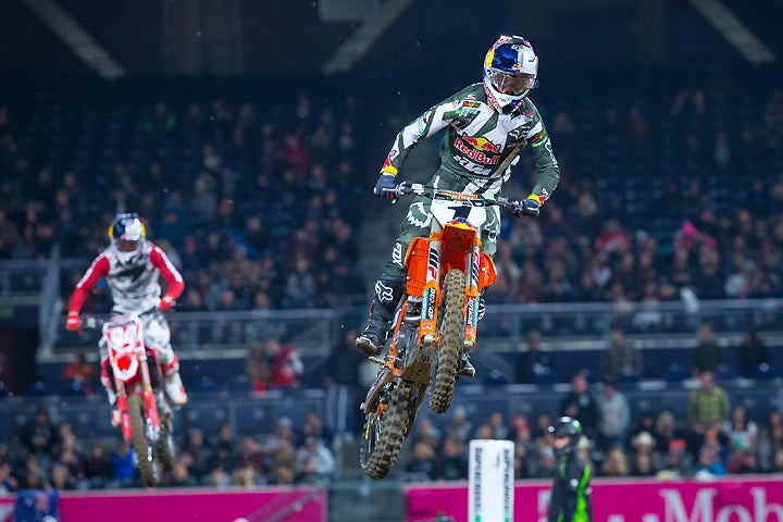 Ryan Dungey (1) led six laps of the main event before Roczen (94) was able to pass him for the lead. Dungey then pressured Roczen for most of the rest of the way before finishing second and landing his 90th career podium result. PHOTO BY RAS PHOTO.