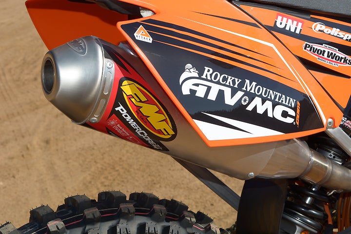 An FMF PowerCore 4 slip-on muffler adds extra punch to the engine.