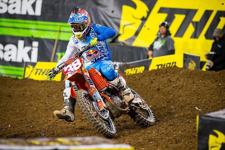 Shane McElrath landed on the box for the fourth round in a row. McElrath finished second, and has gone 1-1-3-2 through the first four rounds of the 2017 Monster Energy AMA 250SX West Supercross Series. PHOTO BY RAS PHOTO.