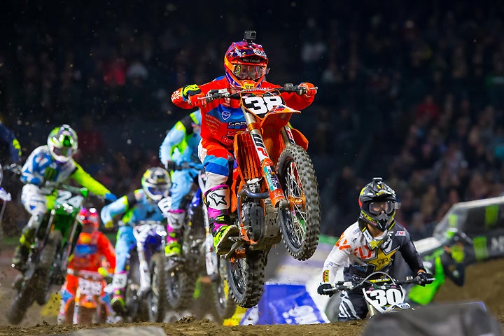 Troy Lee Designs/Red Bull/KTM's Shane McElrath was on fire at the Anaheim Supercross, leading every lap of the 250SX main event to earn his first career AMA Supercross win. PHOTO BY RAS PHOTO.