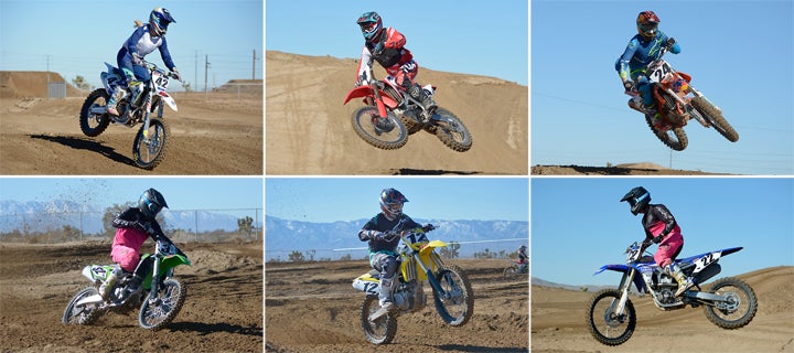 Six bikes, one winner. Clockwise from top left: Husqvarna FC 450, Honda CRF450R, KTM 450 SX-F Factory Edition, Kawasaki KX450F, Suzuki RM-Z450, Yamaha YZ450F.