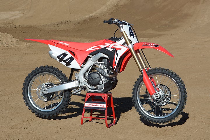 The Honda CRF450R is all-new for 2017. Honda engineers worked on producing more power and redesigning the chassis for better flex characteristics. The CRF also does away with its air fork in favor of a coil spring fork.